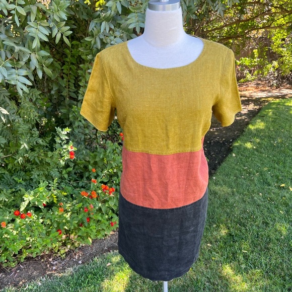 Andrea Jovine 100% linen Short Sleeve Colorblock Dress - Gold ,Orange, Black - Picture 3 of 7